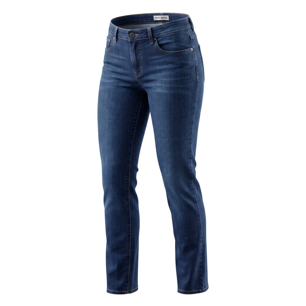 Ellen Fisher dark wash denim jeans with five-pocket design, zip fly, button clos